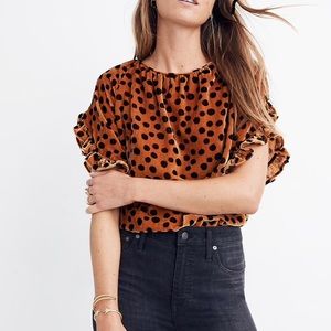 Madewell Velvet Memento Ruffle-Sleeve Top Leopard
